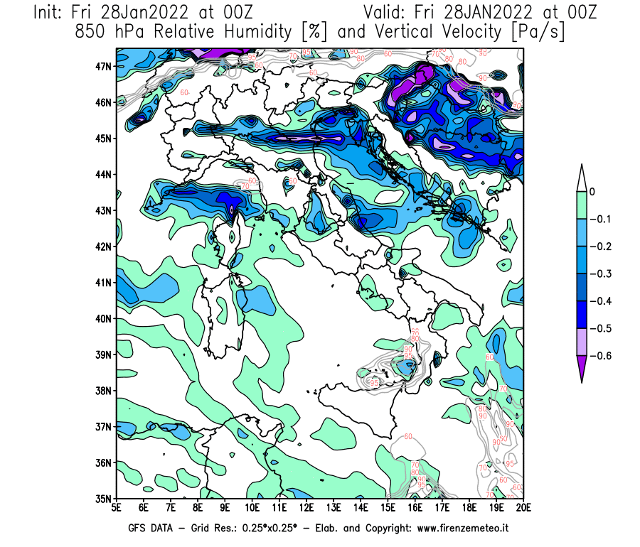 Mappa di analisi GFS - Umidità relativa [%] e Omega [Pa/s] a 850 hPa in Italia
							del 28/01/2022 00 <!--googleoff: index-->UTC<!--googleon: index-->