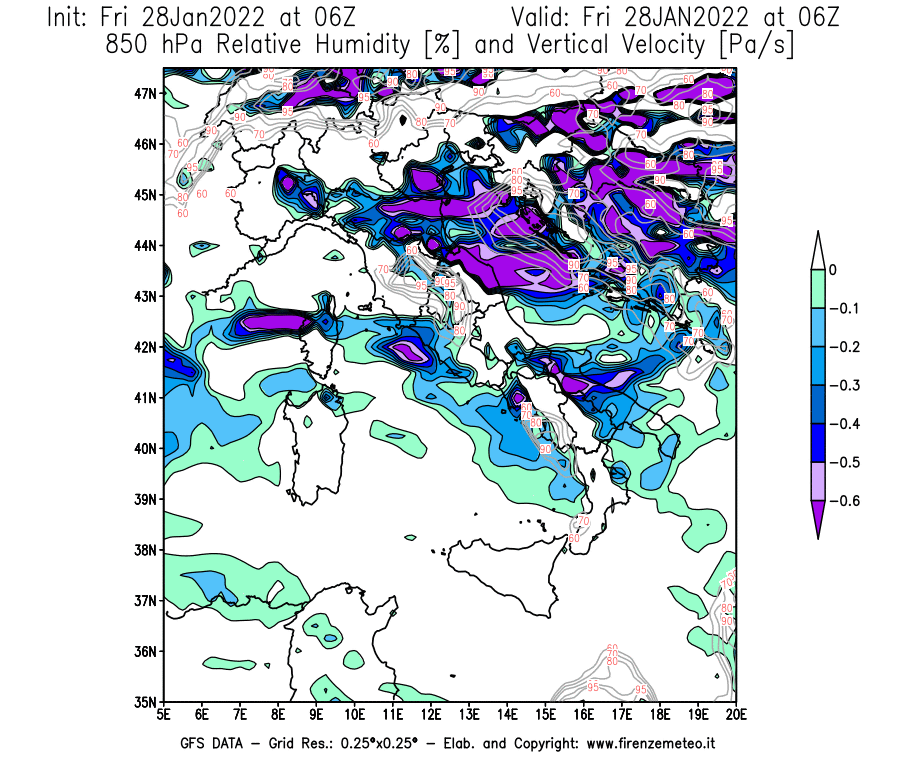 Mappa di analisi GFS - Umidità relativa [%] e Omega [Pa/s] a 850 hPa in Italia
							del 28/01/2022 06 <!--googleoff: index-->UTC<!--googleon: index-->
