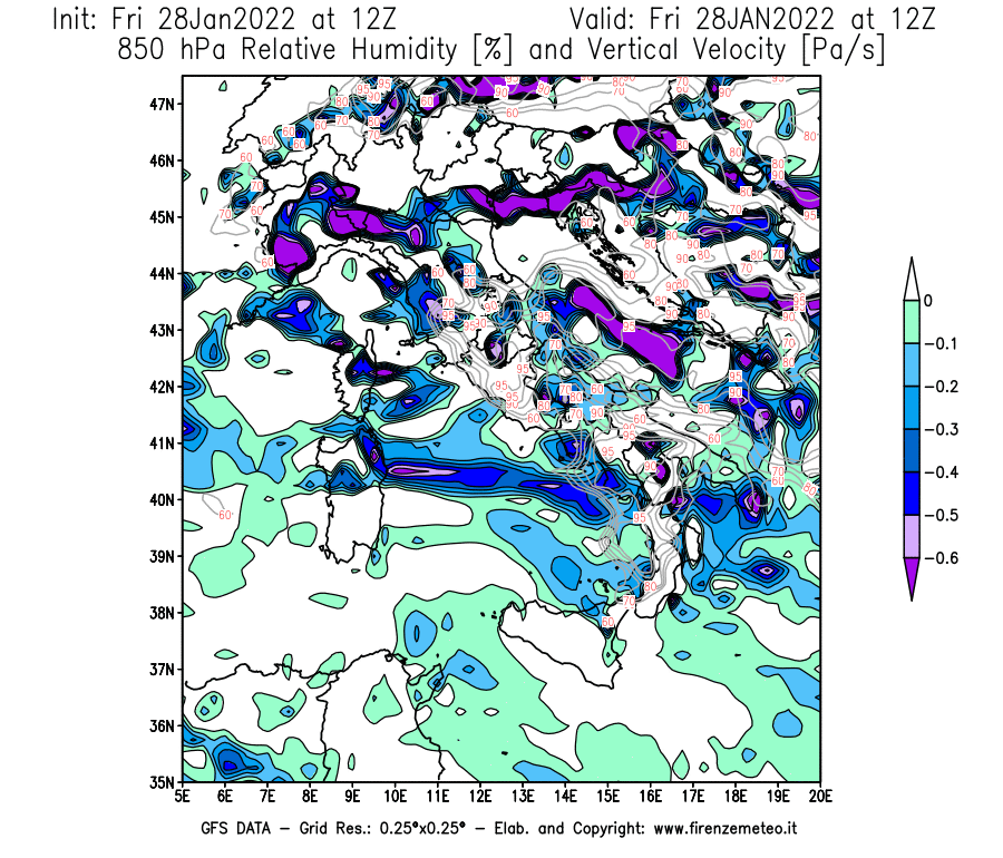 Mappa di analisi GFS - Umidità relativa [%] e Omega [Pa/s] a 850 hPa in Italia
							del 28/01/2022 12 <!--googleoff: index-->UTC<!--googleon: index-->