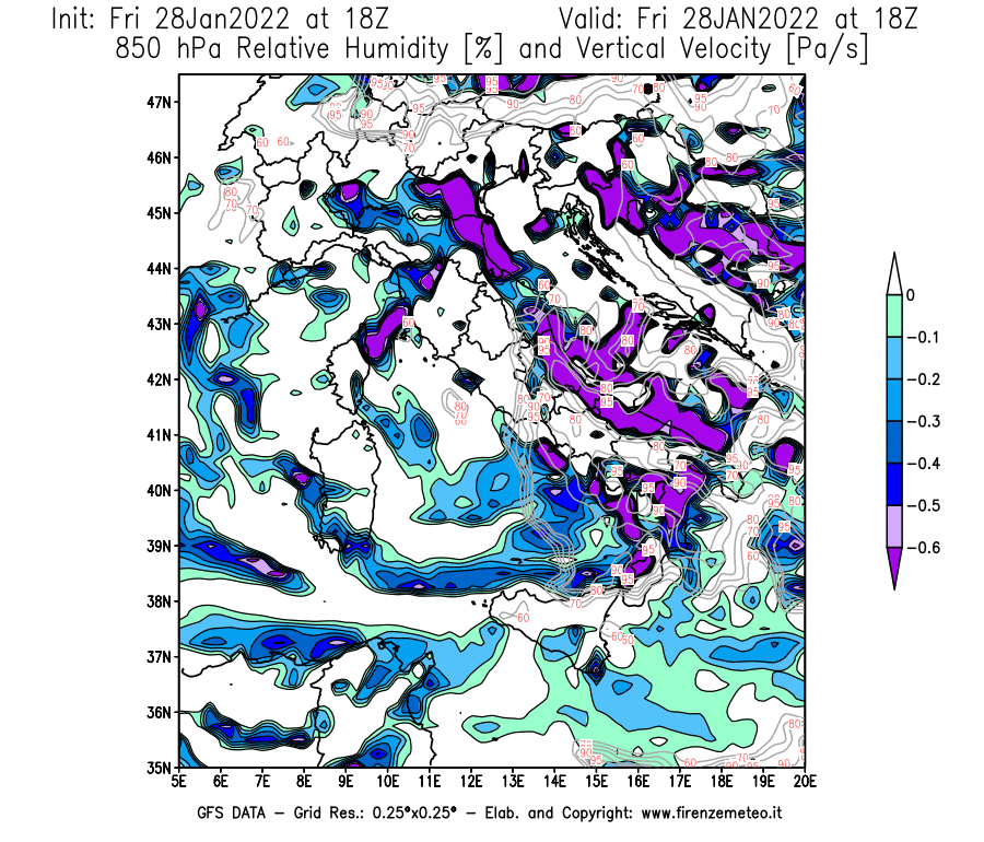 Mappa di analisi GFS - Umidità relativa [%] e Omega [Pa/s] a 850 hPa in Italia
							del 28/01/2022 18 <!--googleoff: index-->UTC<!--googleon: index-->