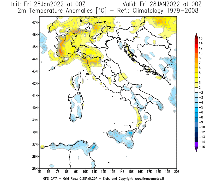 Mappa di analisi GFS - Anomalia Temperatura [°C] a 2 m in Italia
							del 28/01/2022 00 <!--googleoff: index-->UTC<!--googleon: index-->