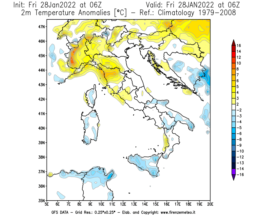 Mappa di analisi GFS - Anomalia Temperatura [°C] a 2 m in Italia
							del 28/01/2022 06 <!--googleoff: index-->UTC<!--googleon: index-->