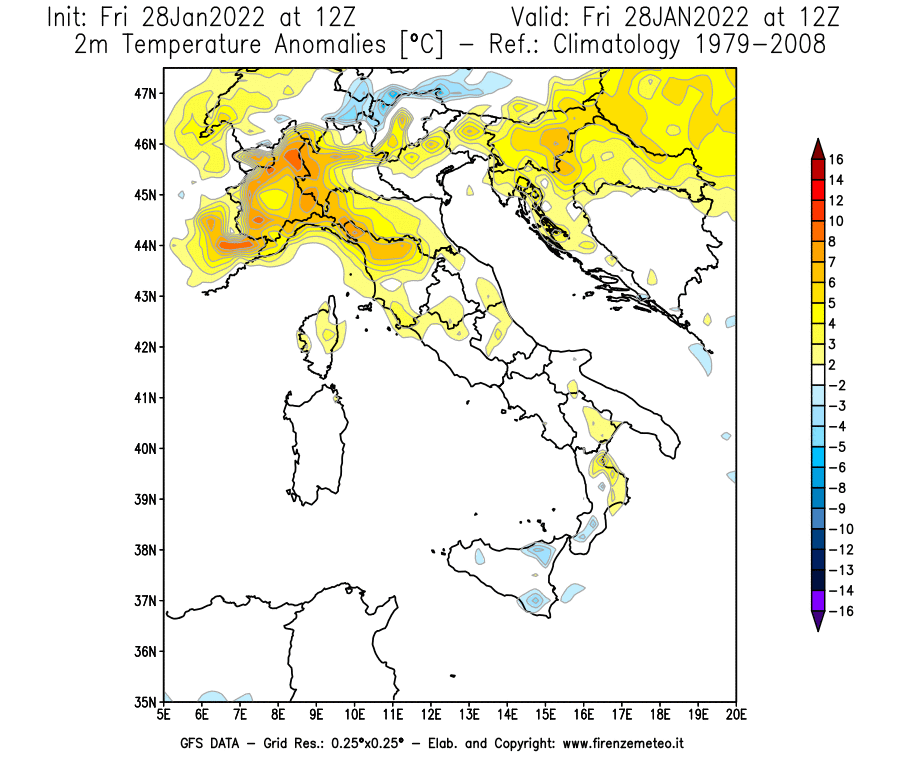 Mappa di analisi GFS - Anomalia Temperatura [°C] a 2 m in Italia
							del 28/01/2022 12 <!--googleoff: index-->UTC<!--googleon: index-->