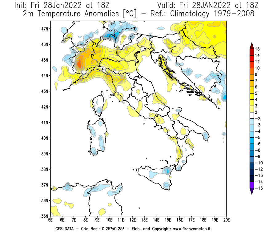 Mappa di analisi GFS - Anomalia Temperatura [°C] a 2 m in Italia
							del 28/01/2022 18 <!--googleoff: index-->UTC<!--googleon: index-->