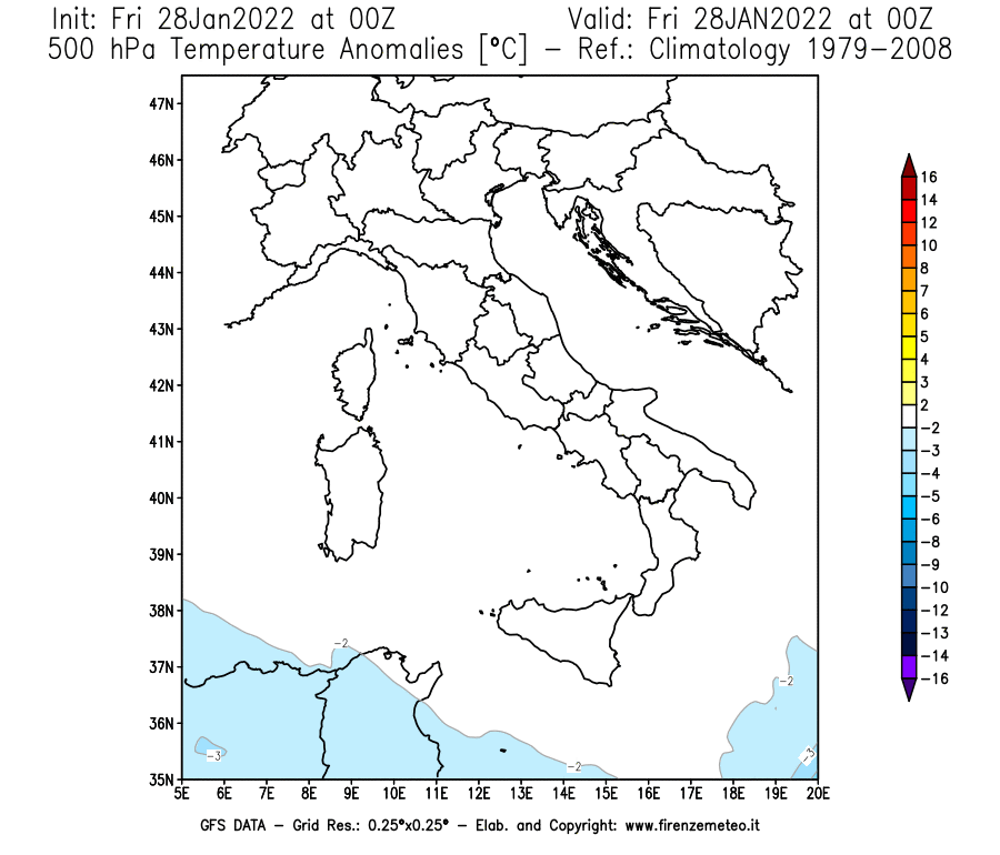 Mappa di analisi GFS - Anomalia Temperatura [°C] a 500 hPa in Italia
							del 28/01/2022 00 <!--googleoff: index-->UTC<!--googleon: index-->