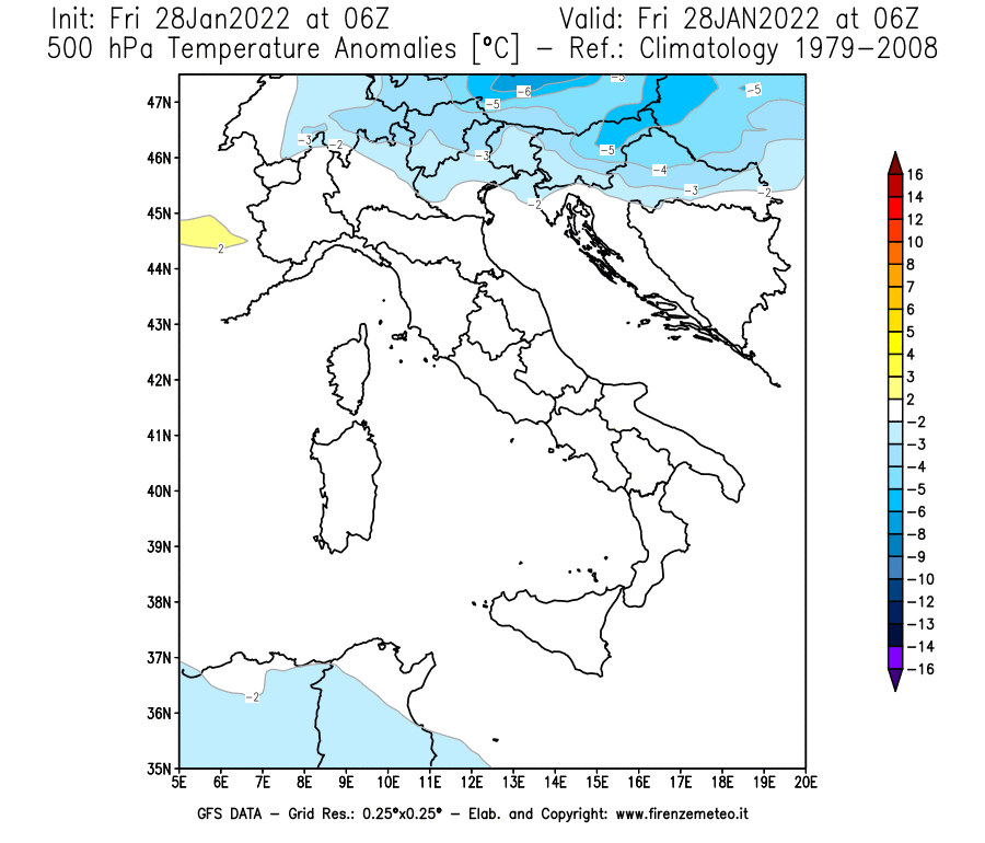 Mappa di analisi GFS - Anomalia Temperatura [°C] a 500 hPa in Italia
							del 28/01/2022 06 <!--googleoff: index-->UTC<!--googleon: index-->
