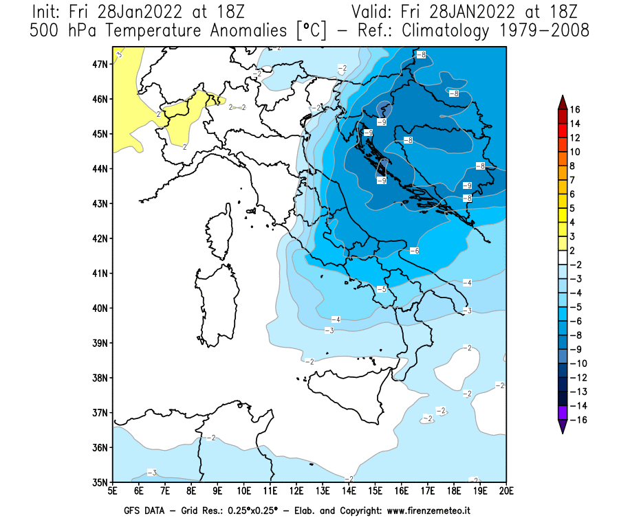 Mappa di analisi GFS - Anomalia Temperatura [°C] a 500 hPa in Italia
							del 28/01/2022 18 <!--googleoff: index-->UTC<!--googleon: index-->
