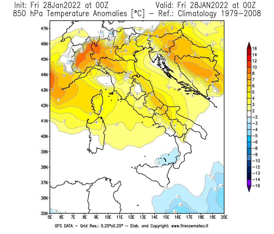 Mappa di analisi GFS - Anomalia Temperatura [°C] a 850 hPa in Italia
							del 28/01/2022 00 <!--googleoff: index-->UTC<!--googleon: index-->