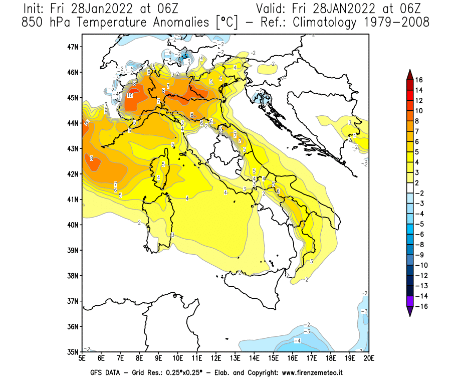 Mappa di analisi GFS - Anomalia Temperatura [°C] a 850 hPa in Italia
							del 28/01/2022 06 <!--googleoff: index-->UTC<!--googleon: index-->