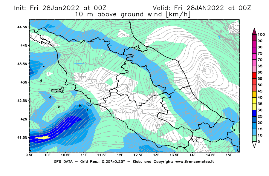 Mappa di analisi GFS - Velocità del vento a 10 metri dal suolo [km/h] in Centro-Italia
							del 28/01/2022 00 <!--googleoff: index-->UTC<!--googleon: index-->