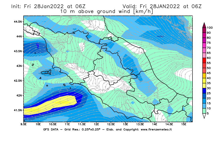 Mappa di analisi GFS - Velocità del vento a 10 metri dal suolo [km/h] in Centro-Italia
							del 28/01/2022 06 <!--googleoff: index-->UTC<!--googleon: index-->