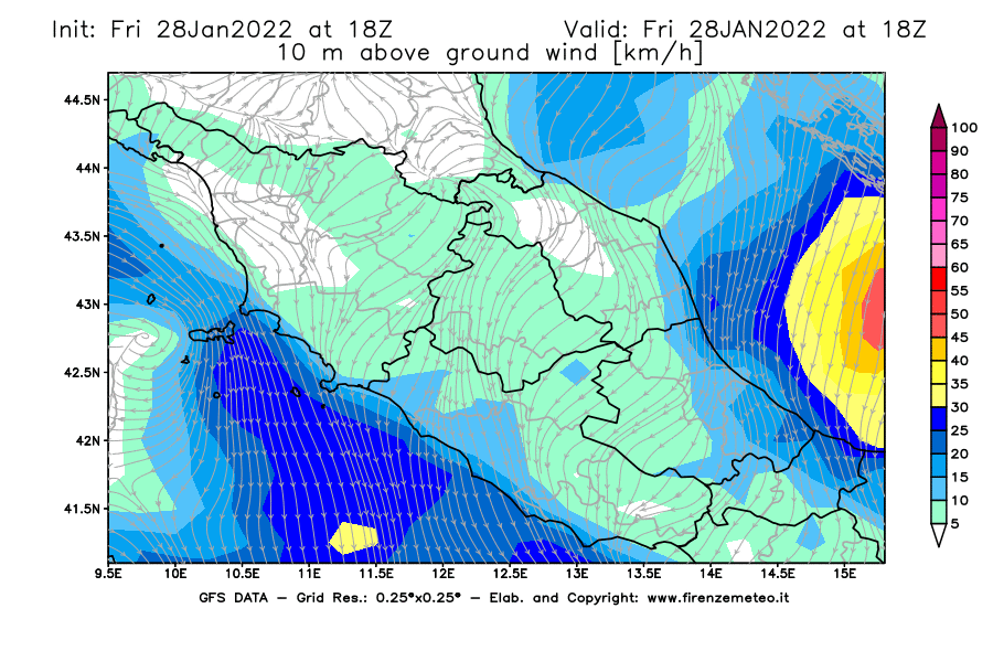 Mappa di analisi GFS - Velocità del vento a 10 metri dal suolo [km/h] in Centro-Italia
							del 28/01/2022 18 <!--googleoff: index-->UTC<!--googleon: index-->