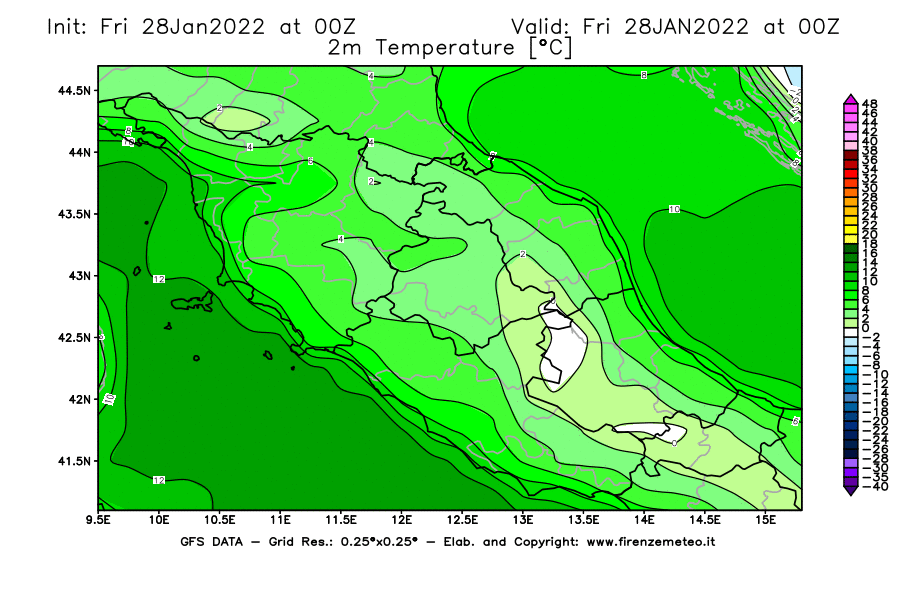 Mappa di analisi GFS - Temperatura a 2 metri dal suolo [°C] in Centro-Italia
							del 28/01/2022 00 <!--googleoff: index-->UTC<!--googleon: index-->