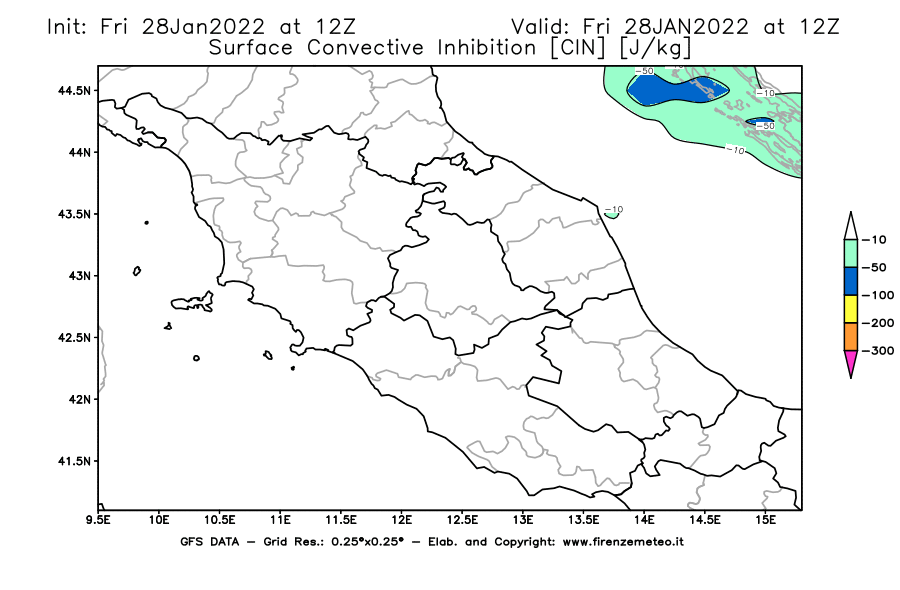 Mappa di analisi GFS - CIN [J/kg] in Centro-Italia
							del 28/01/2022 12 <!--googleoff: index-->UTC<!--googleon: index-->