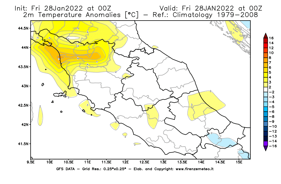 Mappa di analisi GFS - Anomalia Temperatura [°C] a 2 m in Centro-Italia
							del 28/01/2022 00 <!--googleoff: index-->UTC<!--googleon: index-->