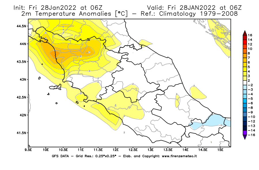 Mappa di analisi GFS - Anomalia Temperatura [°C] a 2 m in Centro-Italia
							del 28/01/2022 06 <!--googleoff: index-->UTC<!--googleon: index-->