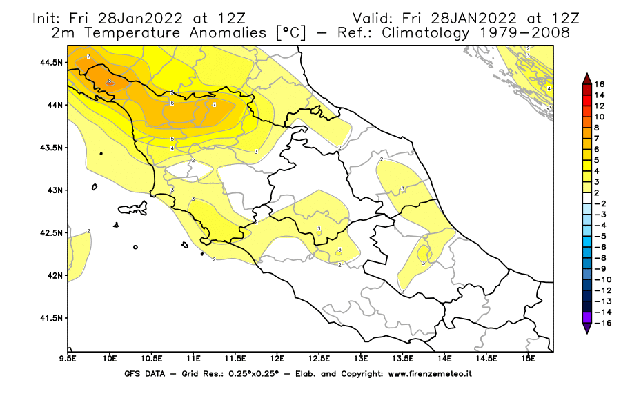 Mappa di analisi GFS - Anomalia Temperatura [°C] a 2 m in Centro-Italia
							del 28/01/2022 12 <!--googleoff: index-->UTC<!--googleon: index-->