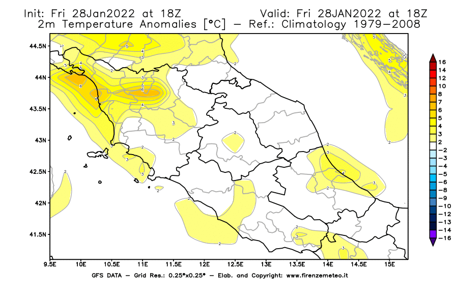 Mappa di analisi GFS - Anomalia Temperatura [°C] a 2 m in Centro-Italia
							del 28/01/2022 18 <!--googleoff: index-->UTC<!--googleon: index-->