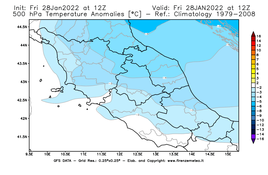Mappa di analisi GFS - Anomalia Temperatura [°C] a 500 hPa in Centro-Italia
							del 28/01/2022 12 <!--googleoff: index-->UTC<!--googleon: index-->