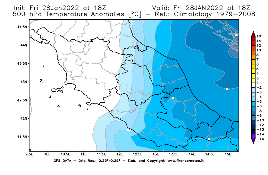 Mappa di analisi GFS - Anomalia Temperatura [°C] a 500 hPa in Centro-Italia
							del 28/01/2022 18 <!--googleoff: index-->UTC<!--googleon: index-->