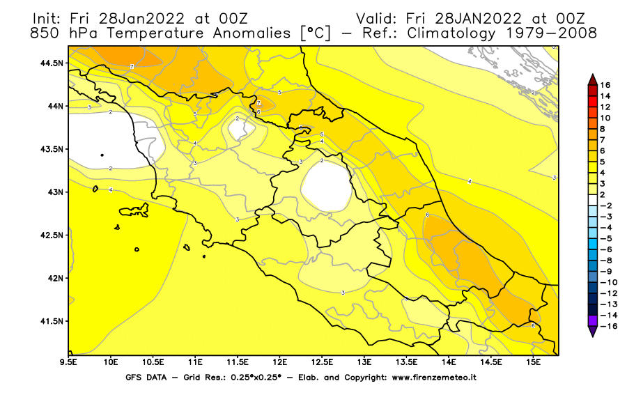 Mappa di analisi GFS - Anomalia Temperatura [°C] a 850 hPa in Centro-Italia
							del 28/01/2022 00 <!--googleoff: index-->UTC<!--googleon: index-->