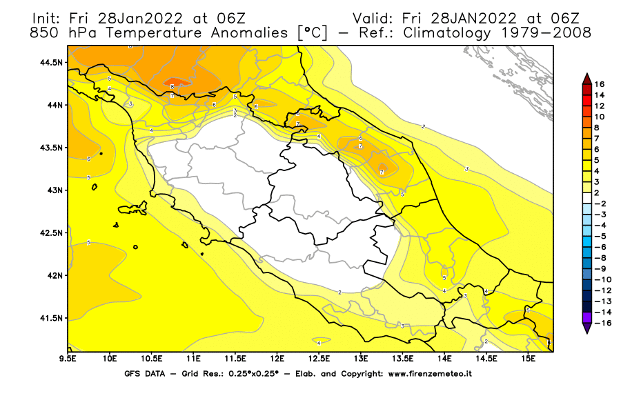 Mappa di analisi GFS - Anomalia Temperatura [°C] a 850 hPa in Centro-Italia
							del 28/01/2022 06 <!--googleoff: index-->UTC<!--googleon: index-->