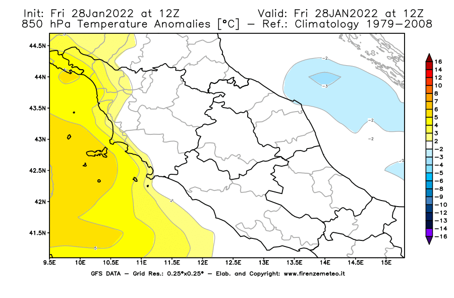 Mappa di analisi GFS - Anomalia Temperatura [°C] a 850 hPa in Centro-Italia
							del 28/01/2022 12 <!--googleoff: index-->UTC<!--googleon: index-->