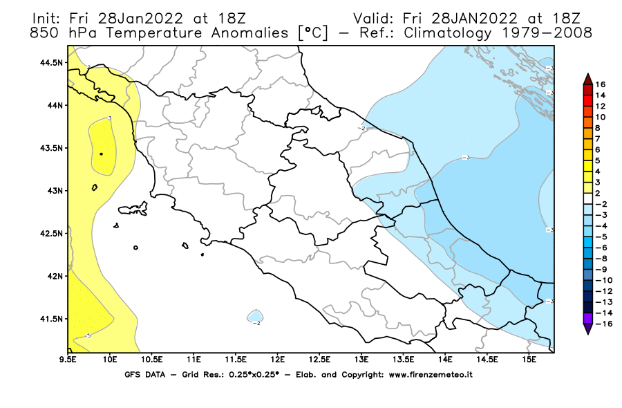 Mappa di analisi GFS - Anomalia Temperatura [°C] a 850 hPa in Centro-Italia
							del 28/01/2022 18 <!--googleoff: index-->UTC<!--googleon: index-->