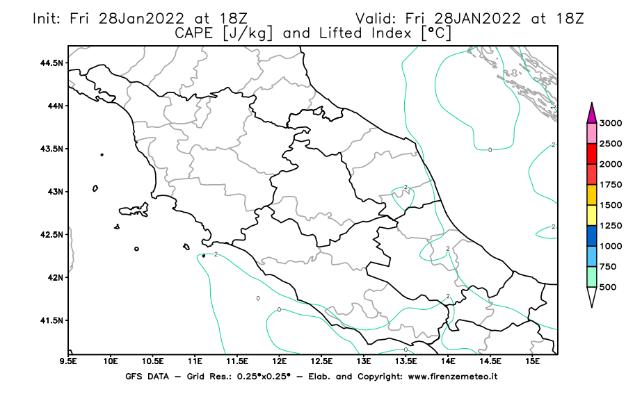 Mappa di analisi GFS - CAPE [J/kg] e Lifted Index [°C] in Centro-Italia
							del 28/01/2022 18 <!--googleoff: index-->UTC<!--googleon: index-->