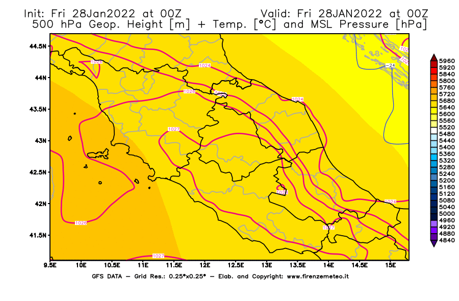Mappa di analisi GFS - Geopotenziale [m] + Temp. [°C] a 500 hPa + Press. a livello del mare [hPa] in Centro-Italia
							del 28/01/2022 00 <!--googleoff: index-->UTC<!--googleon: index-->