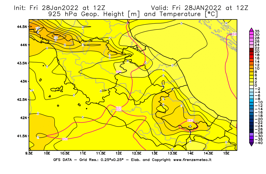 Mappa di analisi GFS - Geopotenziale [m] e Temperatura [°C] a 925 hPa in Centro-Italia
							del 28/01/2022 12 <!--googleoff: index-->UTC<!--googleon: index-->