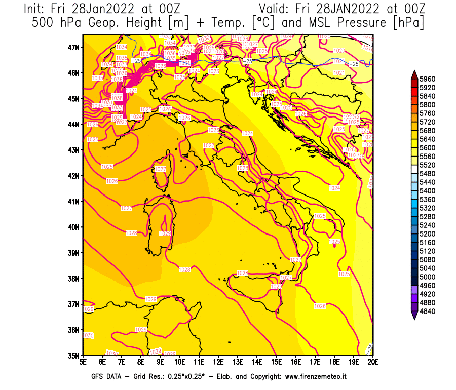 Mappa di analisi GFS - Geopotenziale [m] + Temp. [°C] a 500 hPa + Press. a livello del mare [hPa] in Italia
							del 28/01/2022 00 <!--googleoff: index-->UTC<!--googleon: index-->