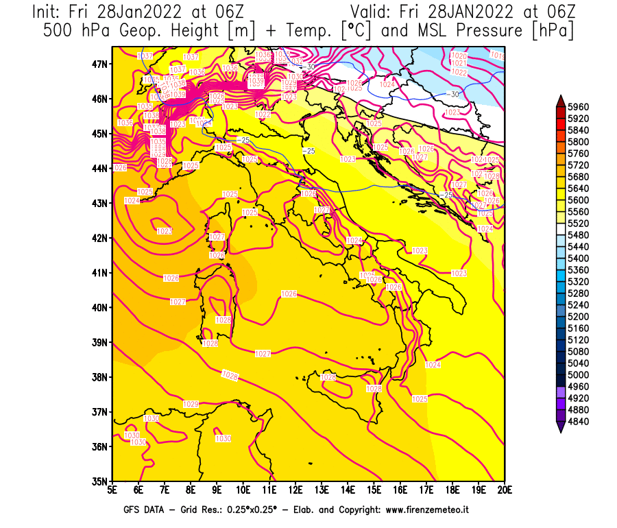 Mappa di analisi GFS - Geopotenziale [m] + Temp. [°C] a 500 hPa + Press. a livello del mare [hPa] in Italia
							del 28/01/2022 06 <!--googleoff: index-->UTC<!--googleon: index-->