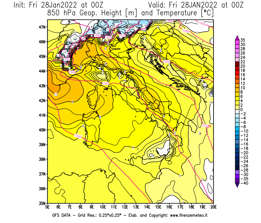 Mappa di analisi GFS - Geopotenziale [m] e Temperatura [°C] a 850 hPa in Italia
							del 28/01/2022 00 <!--googleoff: index-->UTC<!--googleon: index-->