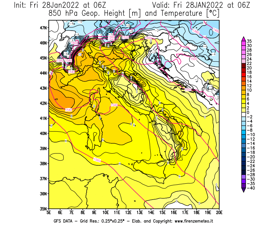 Mappa di analisi GFS - Geopotenziale [m] e Temperatura [°C] a 850 hPa in Italia
							del 28/01/2022 06 <!--googleoff: index-->UTC<!--googleon: index-->