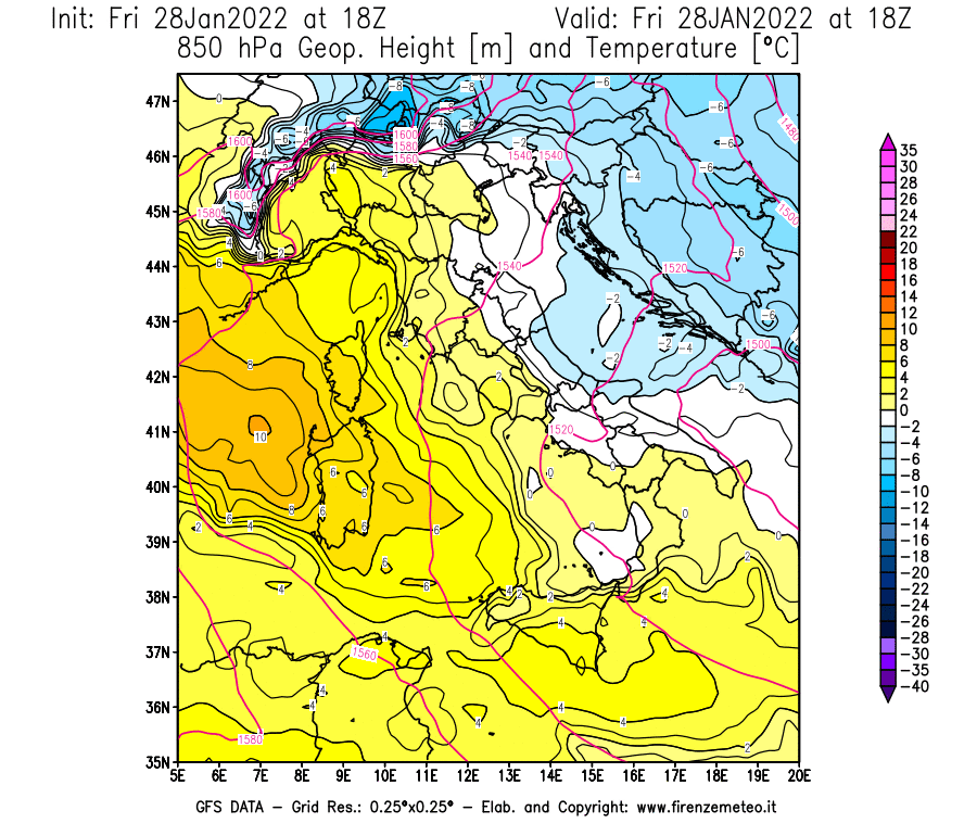 Mappa di analisi GFS - Geopotenziale [m] e Temperatura [°C] a 850 hPa in Italia
							del 28/01/2022 18 <!--googleoff: index-->UTC<!--googleon: index-->