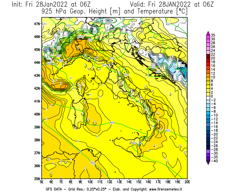 Mappa di analisi GFS - Geopotenziale [m] e Temperatura [°C] a 925 hPa in Italia
							del 28/01/2022 06 <!--googleoff: index-->UTC<!--googleon: index-->