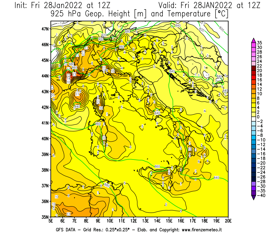 Mappa di analisi GFS - Geopotenziale [m] e Temperatura [°C] a 925 hPa in Italia
							del 28/01/2022 12 <!--googleoff: index-->UTC<!--googleon: index-->