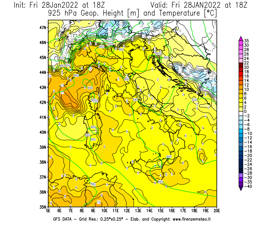 Mappa di analisi GFS - Geopotenziale [m] e Temperatura [°C] a 925 hPa in Italia
							del 28/01/2022 18 <!--googleoff: index-->UTC<!--googleon: index-->