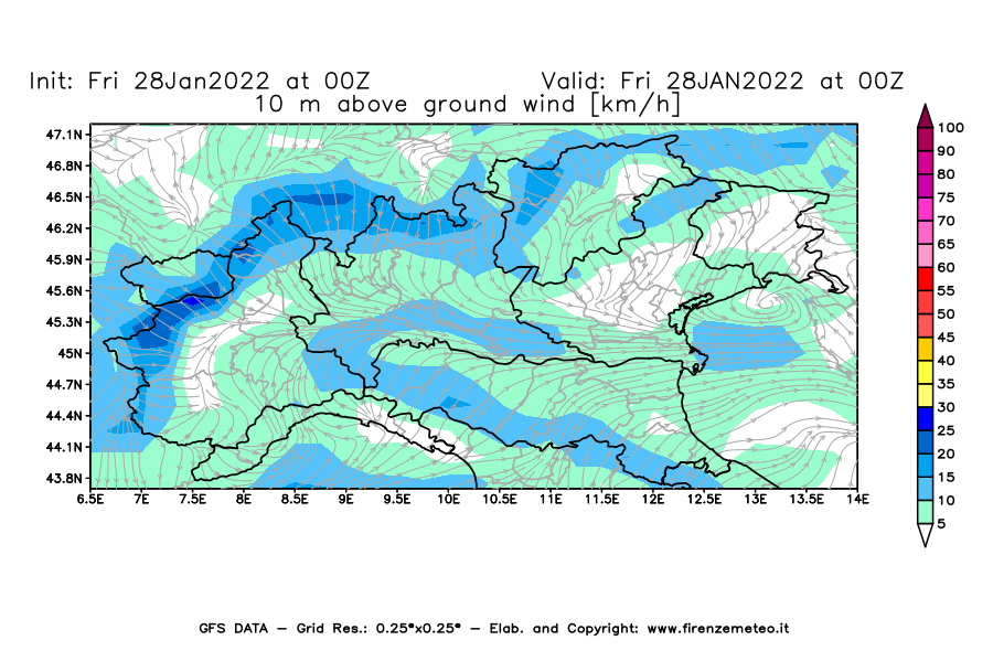 Mappa di analisi GFS - Velocità del vento a 10 metri dal suolo [km/h] in Nord-Italia
							del 28/01/2022 00 <!--googleoff: index-->UTC<!--googleon: index-->