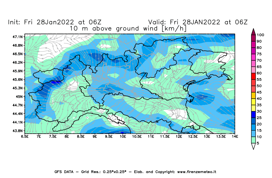 Mappa di analisi GFS - Velocità del vento a 10 metri dal suolo [km/h] in Nord-Italia
							del 28/01/2022 06 <!--googleoff: index-->UTC<!--googleon: index-->