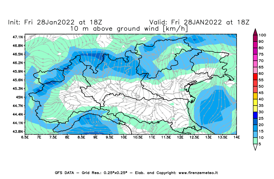 Mappa di analisi GFS - Velocità del vento a 10 metri dal suolo [km/h] in Nord-Italia
							del 28/01/2022 18 <!--googleoff: index-->UTC<!--googleon: index-->