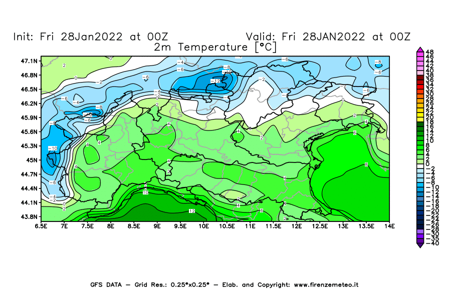 Mappa di analisi GFS - Temperatura a 2 metri dal suolo [°C] in Nord-Italia
							del 28/01/2022 00 <!--googleoff: index-->UTC<!--googleon: index-->