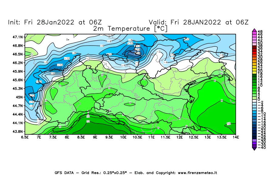 Mappa di analisi GFS - Temperatura a 2 metri dal suolo [°C] in Nord-Italia
							del 28/01/2022 06 <!--googleoff: index-->UTC<!--googleon: index-->