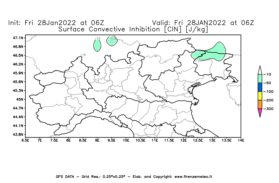 Mappa di analisi GFS - CIN [J/kg] in Nord-Italia
							del 28/01/2022 06 <!--googleoff: index-->UTC<!--googleon: index-->