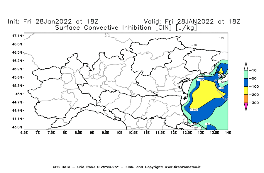 Mappa di analisi GFS - CIN [J/kg] in Nord-Italia
							del 28/01/2022 18 <!--googleoff: index-->UTC<!--googleon: index-->