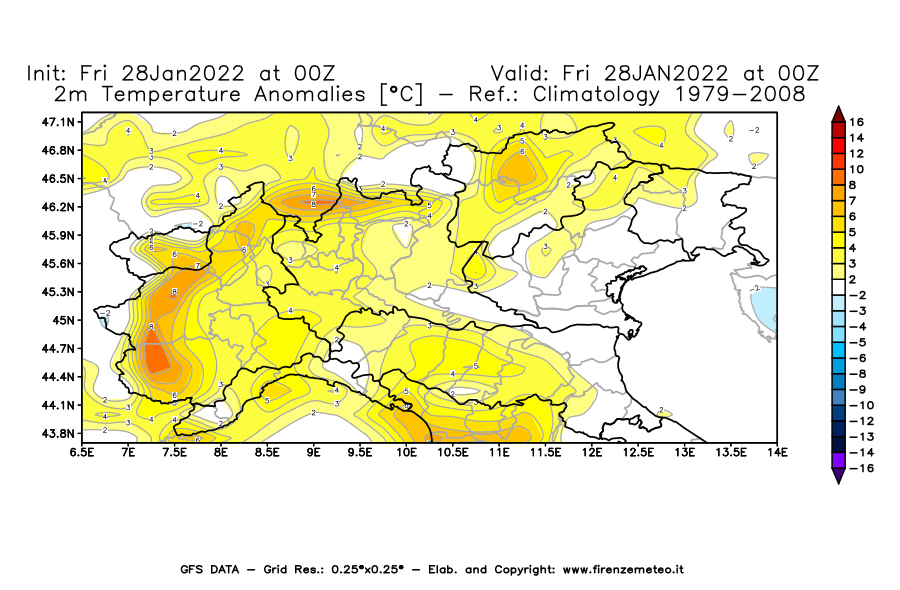 Mappa di analisi GFS - Anomalia Temperatura [°C] a 2 m in Nord-Italia
							del 28/01/2022 00 <!--googleoff: index-->UTC<!--googleon: index-->