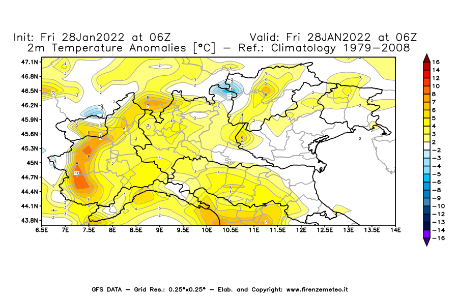 Mappa di analisi GFS - Anomalia Temperatura [°C] a 2 m in Nord-Italia
							del 28/01/2022 06 <!--googleoff: index-->UTC<!--googleon: index-->