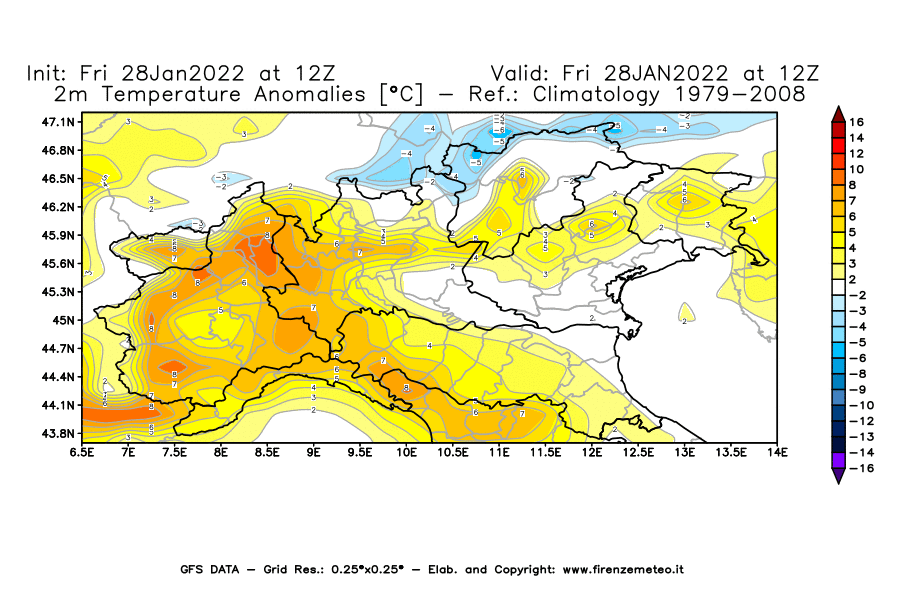 Mappa di analisi GFS - Anomalia Temperatura [°C] a 2 m in Nord-Italia
							del 28/01/2022 12 <!--googleoff: index-->UTC<!--googleon: index-->