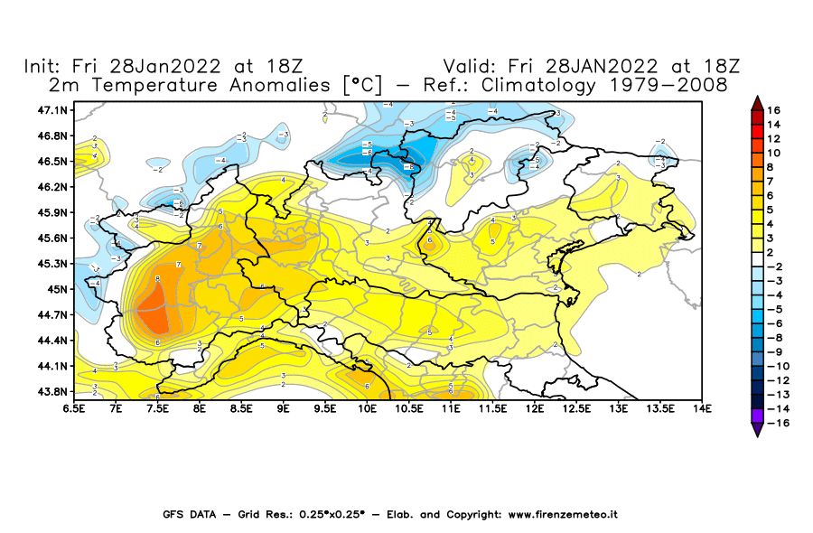 Mappa di analisi GFS - Anomalia Temperatura [°C] a 2 m in Nord-Italia
							del 28/01/2022 18 <!--googleoff: index-->UTC<!--googleon: index-->